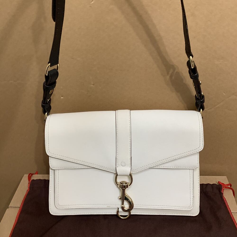 REBECCA MINKOFF Full Size White Saffiano Leather HUDSON Flap Xbody w/Black Trim
